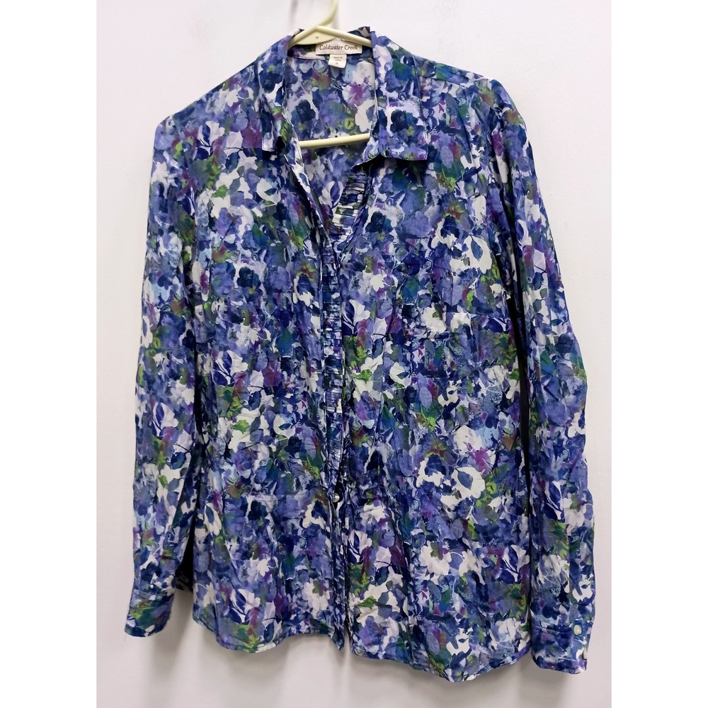 Coldwater Creek Button Up Top Womens XL Blue Floral Cotton Silk Ruffle Blouse